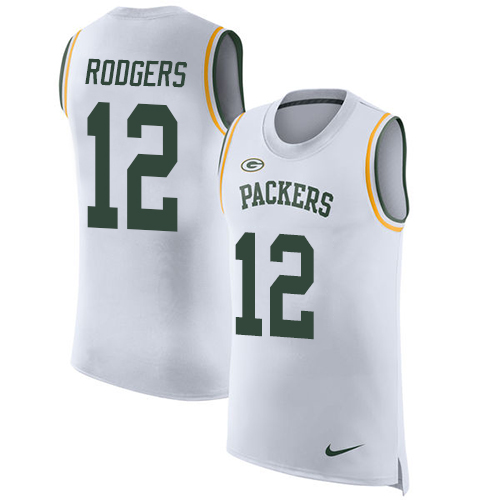 Nike Packers #12 Aaron Rodgers White Men's Stitched NFL Limited Rush Tank Top Jersey - Click Image to Close